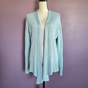 Eileen Fisher 100% Linen Open Knit Teal Blue Asymmetric Open Front Cardigan